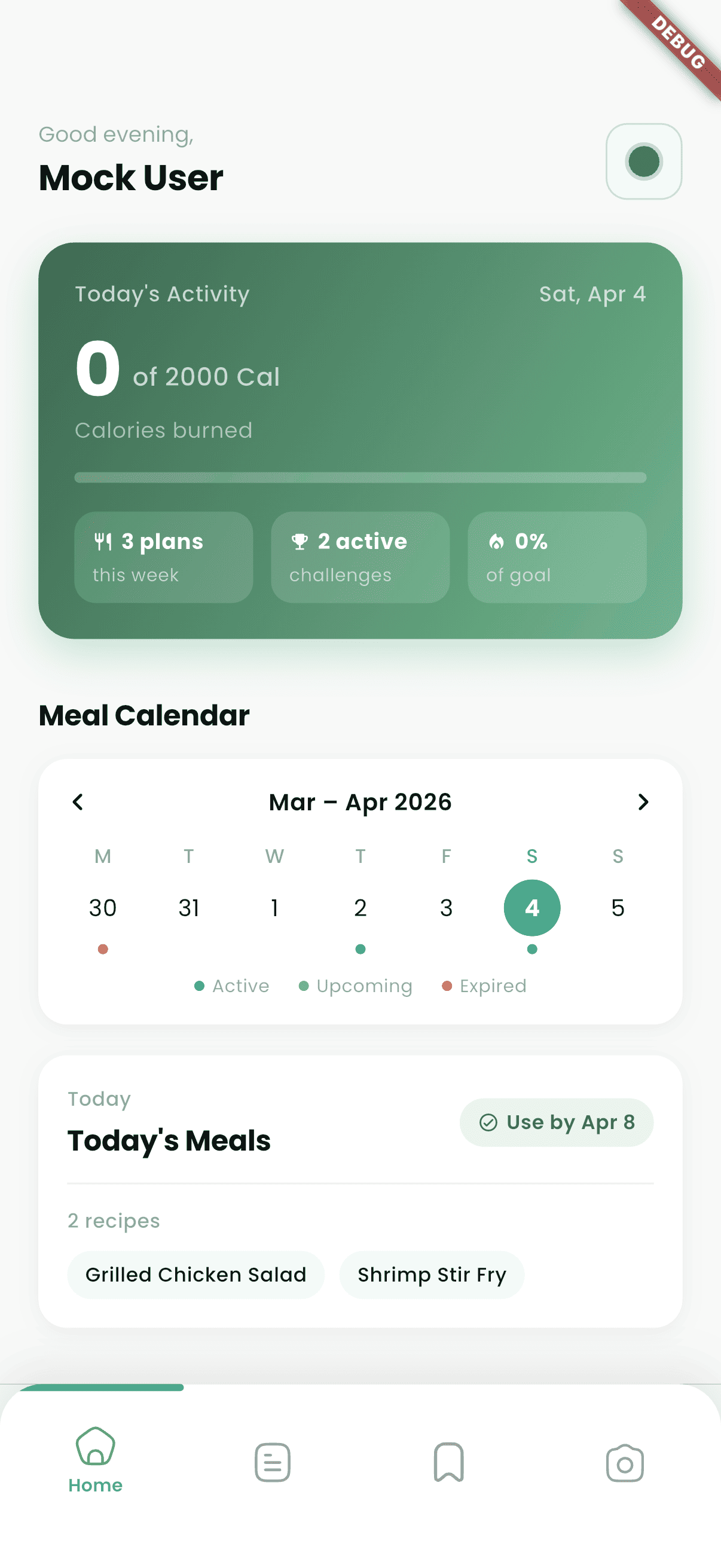 BalanceByte home screen showing daily activity, meal calendar, and today's meals