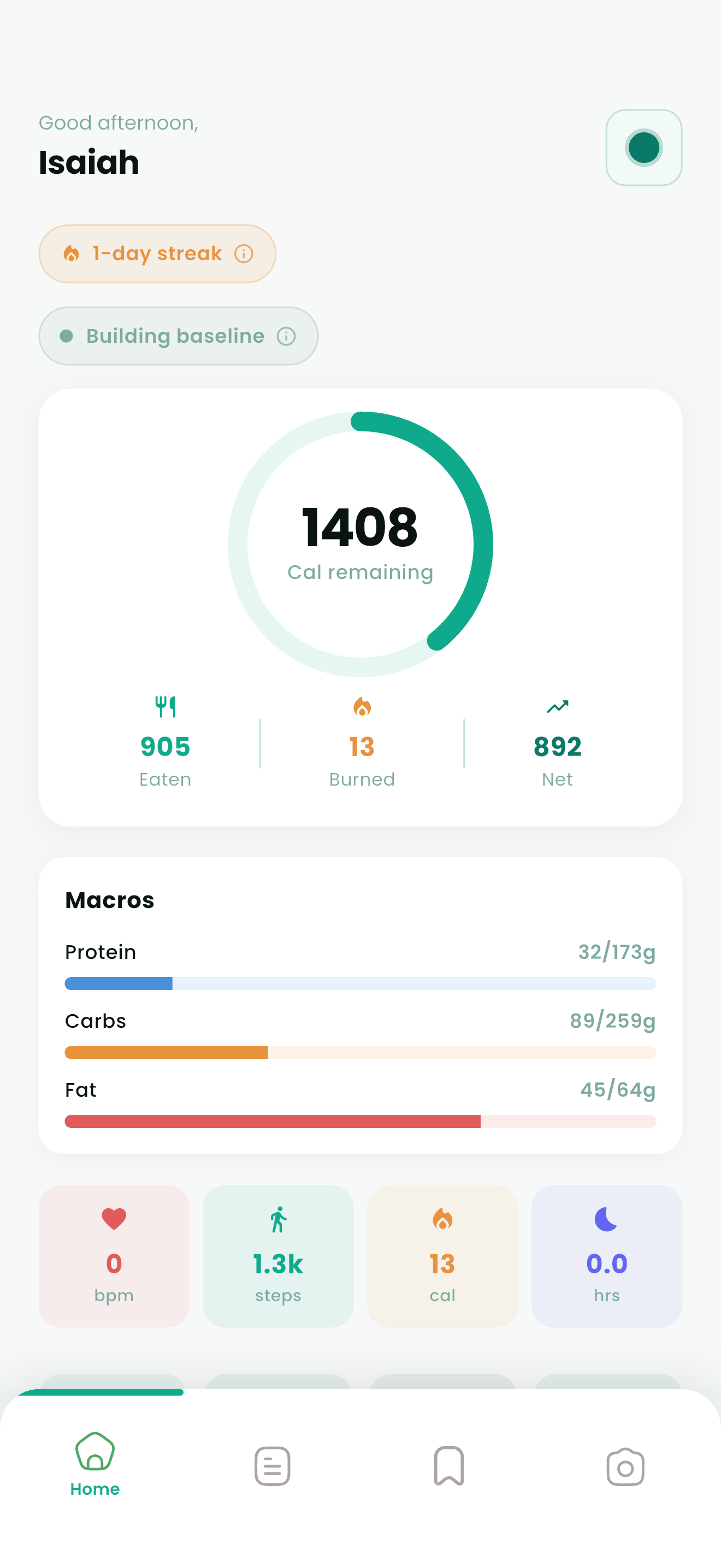 BalanceByte home screen showing calories remaining, macros, and daily activity