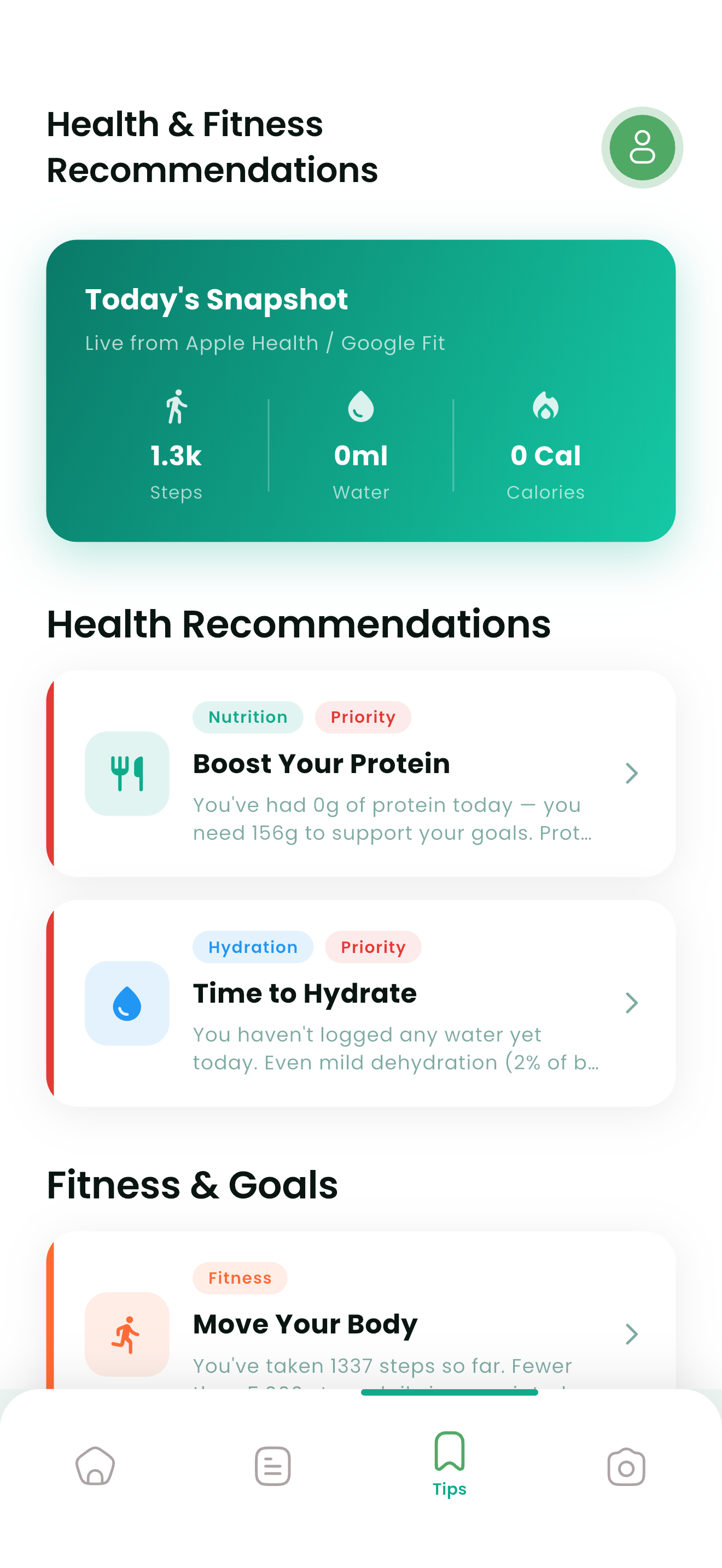 Daily tips synced live from Apple Health and Google Fit