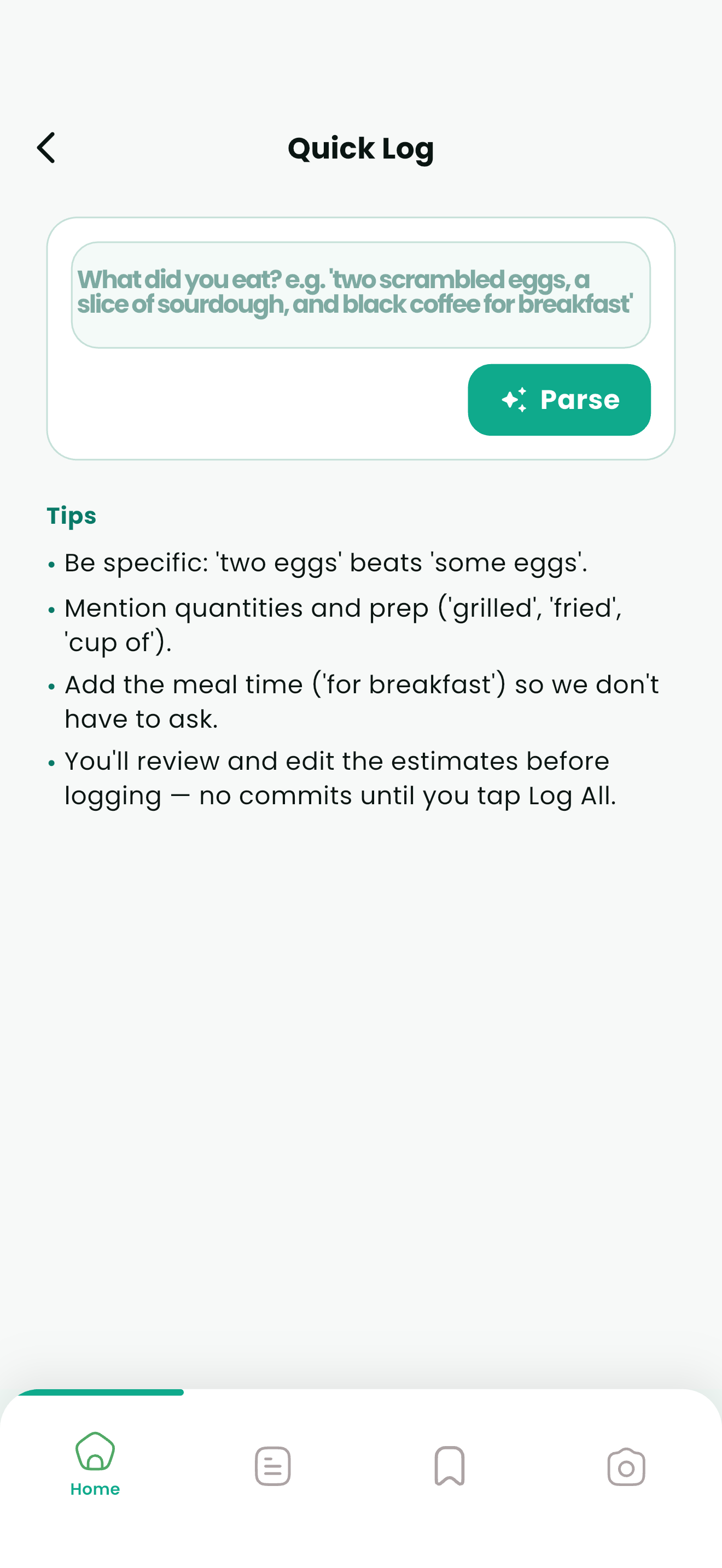Quick Log natural-language meal entry